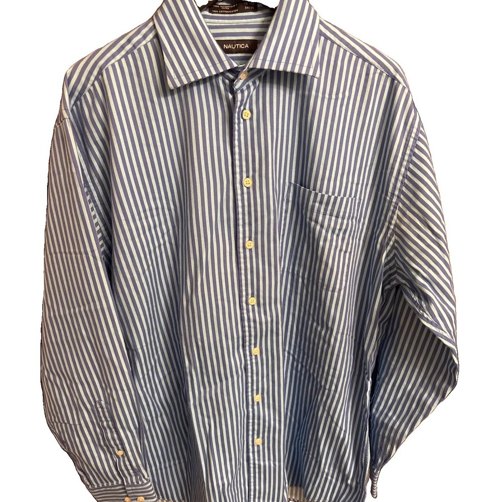 Nautica Mens Blue Striped Button Down Dress Shirt 16.5 34/35 100% Cotton